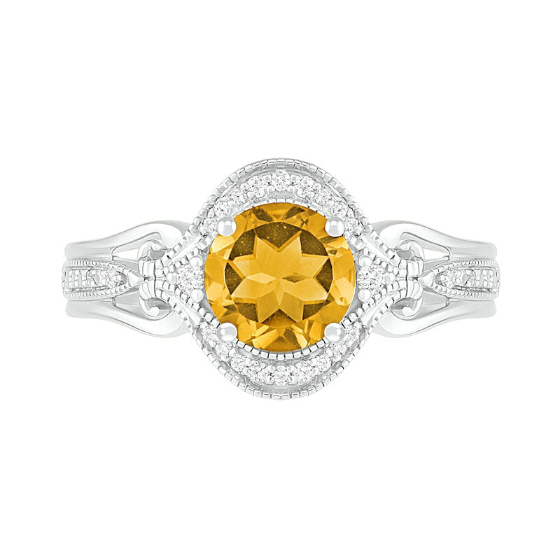 7.0mm Citrine and 0.10 CT. T.W. Natural Diamond Scroll Frame Split Shank Antique Vintage-Style Ring in Sterling Silver