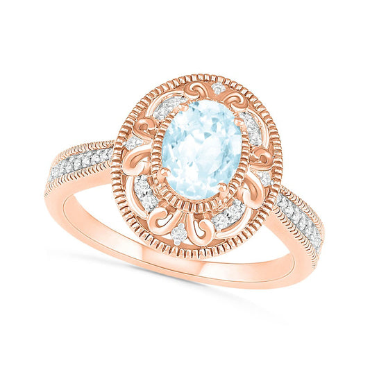 Oval Aquamarine and 0.13 CT. T.W. Natural Diamond Scroll Frame Tapered Shank Antique Vintage-Style Ring in Solid 10K Rose Gold