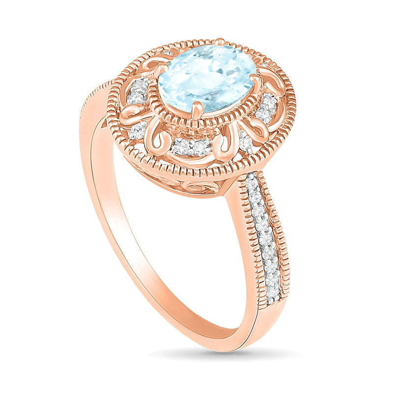 Oval Aquamarine and 0.13 CT. T.W. Natural Diamond Scroll Frame Tapered Shank Antique Vintage-Style Ring in Solid 10K Rose Gold