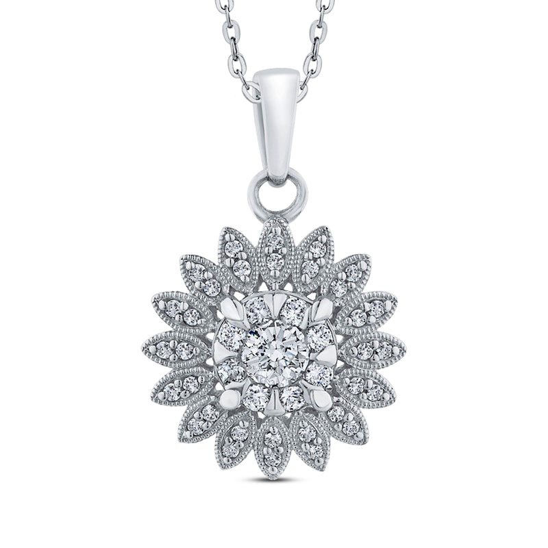 0.5 CT. T.W. Natural Diamond Flower Antique Vintage-Style Pendant in 10K White Gold