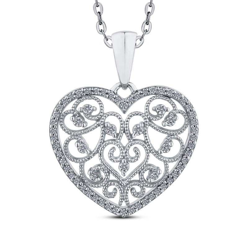 0.25 CT. T.W. Natural Diamond Ornate Heart Antique Vintage-Style Pendant in 10K White Gold