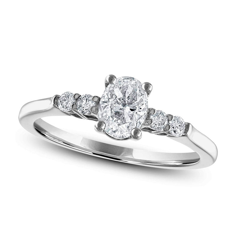 0.88 CT. T.W. Oval Natural Diamond Engagement Ring in Solid 14K White Gold