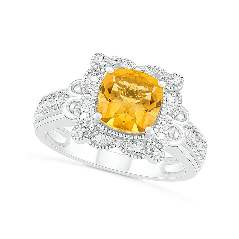 7.0mm Cushion-Shaped Citrine and 0.07 CT. T.W. Natural Diamond Scallop Frame Loop Collar Antique Vintage-Style Ring in Solid 10K White Gold