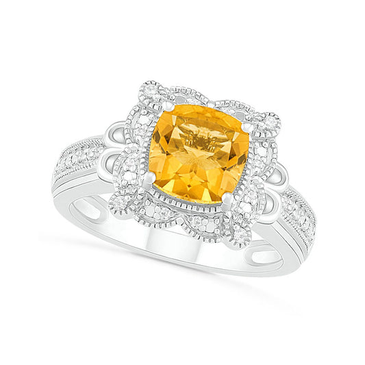 7.0mm Cushion-Shaped Citrine and 0.07 CT. T.W. Natural Diamond Scallop Frame Loop Collar Antique Vintage-Style Ring in Solid 10K White Gold