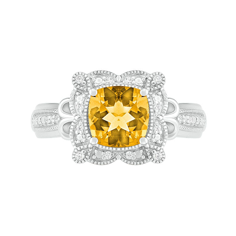 7.0mm Cushion-Shaped Citrine and 0.07 CT. T.W. Natural Diamond Scallop Frame Loop Collar Antique Vintage-Style Ring in Solid 10K White Gold