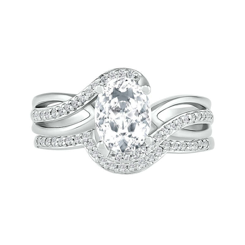 Oval Lab-Created White Sapphire Crossover Bypass Split Shank Bridal Engagement Ring Set in Sterling Silver