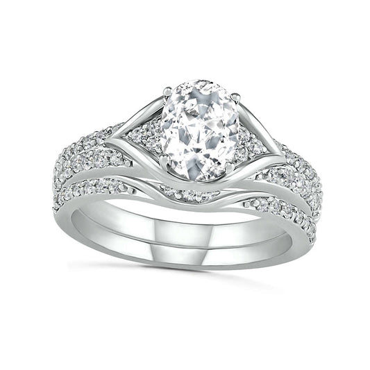 Oval Lab-Created White Sapphire Tri-Sides Split Frame Multi-Row Bridal Engagement Ring Set in Sterling Silver