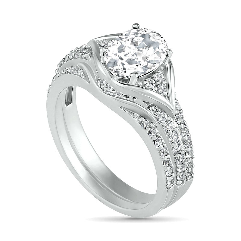 Oval Lab-Created White Sapphire Tri-Sides Split Frame Multi-Row Bridal Engagement Ring Set in Sterling Silver