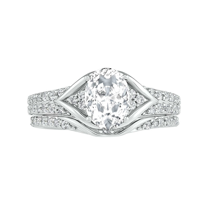 Oval Lab-Created White Sapphire Tri-Sides Split Frame Multi-Row Bridal Engagement Ring Set in Sterling Silver