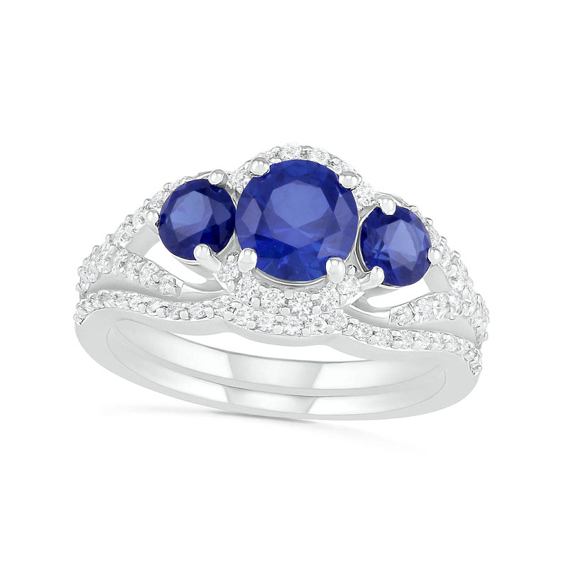 Lab-Created Blue and White Sapphire Frame Three Stone Split Shank Bridal Engagement Ring Set in Sterling Silver