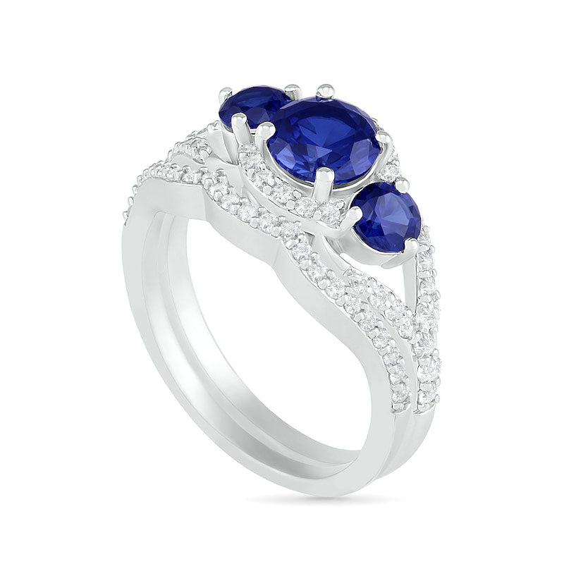 Lab-Created Blue and White Sapphire Frame Three Stone Split Shank Bridal Engagement Ring Set in Sterling Silver