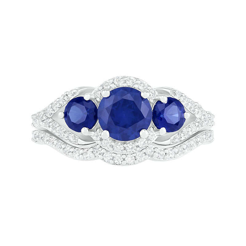 Lab-Created Blue and White Sapphire Frame Three Stone Split Shank Bridal Engagement Ring Set in Sterling Silver