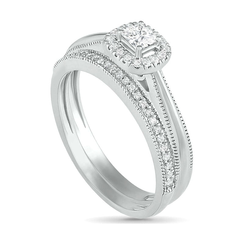 0.33 CT. T.W. Princess-Cut Natural Diamond Frame Antique Vintage-Style Bridal Engagement Ring Set in Solid 10K White Gold