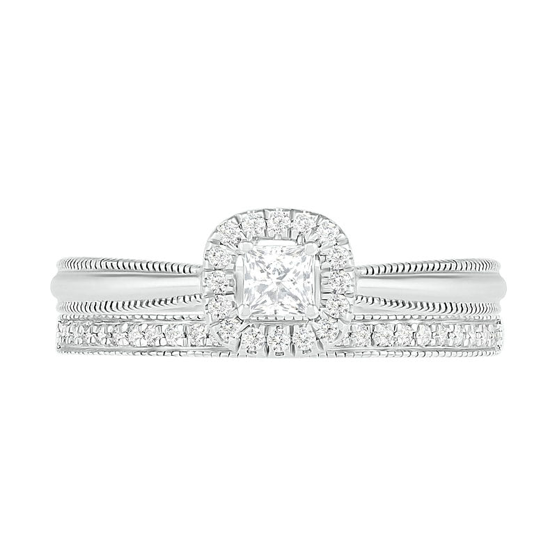 0.33 CT. T.W. Princess-Cut Natural Diamond Frame Antique Vintage-Style Bridal Engagement Ring Set in Solid 10K White Gold