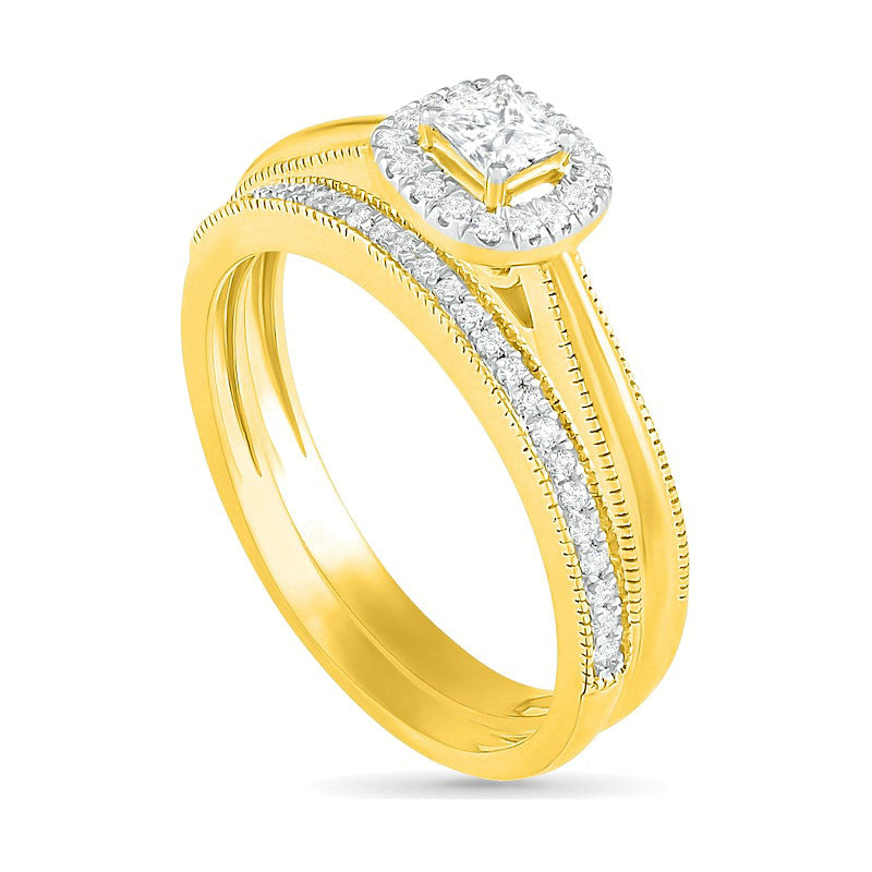 0.33 CT. T.W. Princess-Cut Natural Diamond Frame Antique Vintage-Style Bridal Engagement Ring Set in Solid 10K Yellow Gold