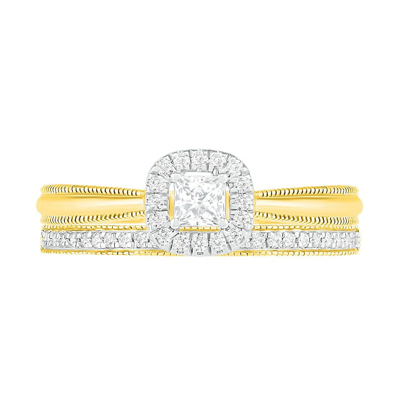 0.33 CT. T.W. Princess-Cut Natural Diamond Frame Antique Vintage-Style Bridal Engagement Ring Set in Solid 10K Yellow Gold