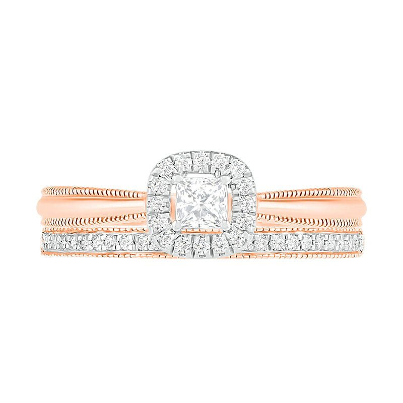 0.33 CT. T.W. Princess-Cut Natural Diamond Frame Antique Vintage-Style Bridal Engagement Ring Set in Solid 10K Rose Gold