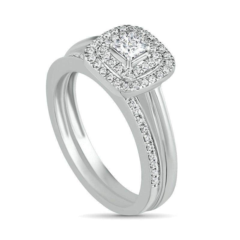 0.38 CT. T.W. Princess-Cut Natural Diamond Double Frame Bridal Engagement Ring Set in Solid 10K White Gold