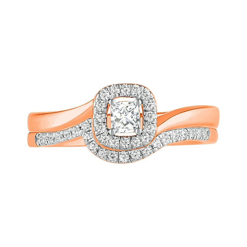 0.33 CT. T.W. Princess-Cut Natural Diamond Frame Bypass Shank Bridal Engagement Ring Set in Solid 10K Rose Gold