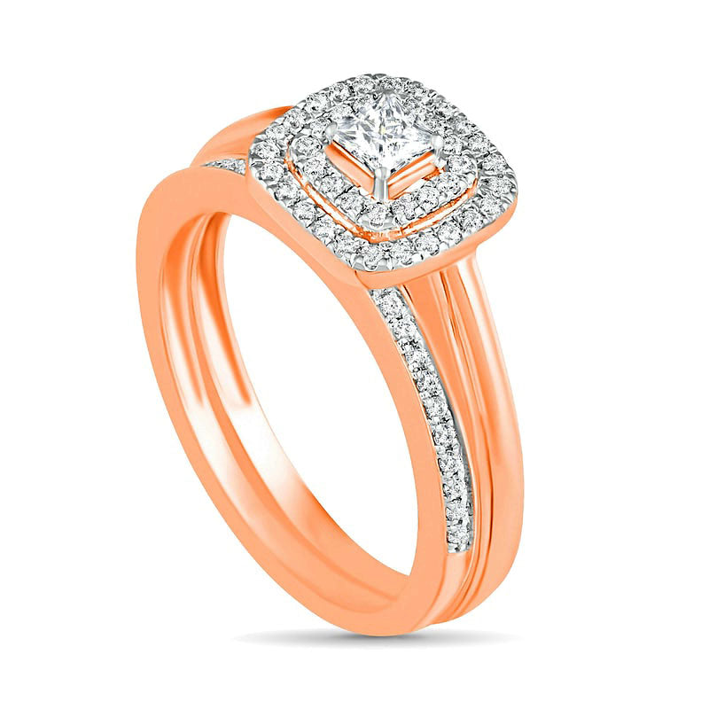 0.38 CT. T.W. Princess-Cut Natural Diamond Double Frame Bridal Engagement Ring Set in Solid 10K Rose Gold