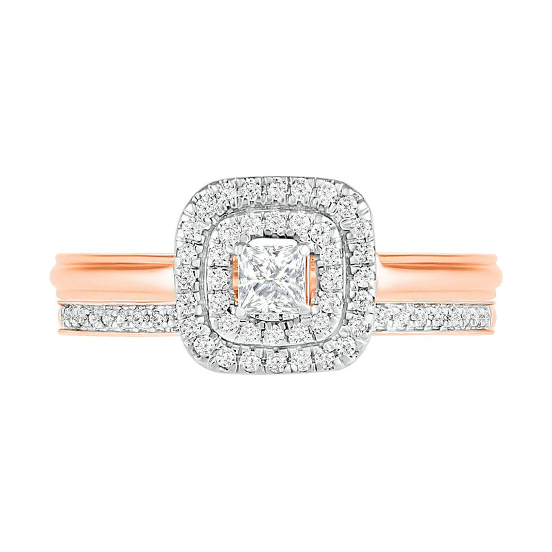 0.38 CT. T.W. Princess-Cut Natural Diamond Double Frame Bridal Engagement Ring Set in Solid 10K Rose Gold