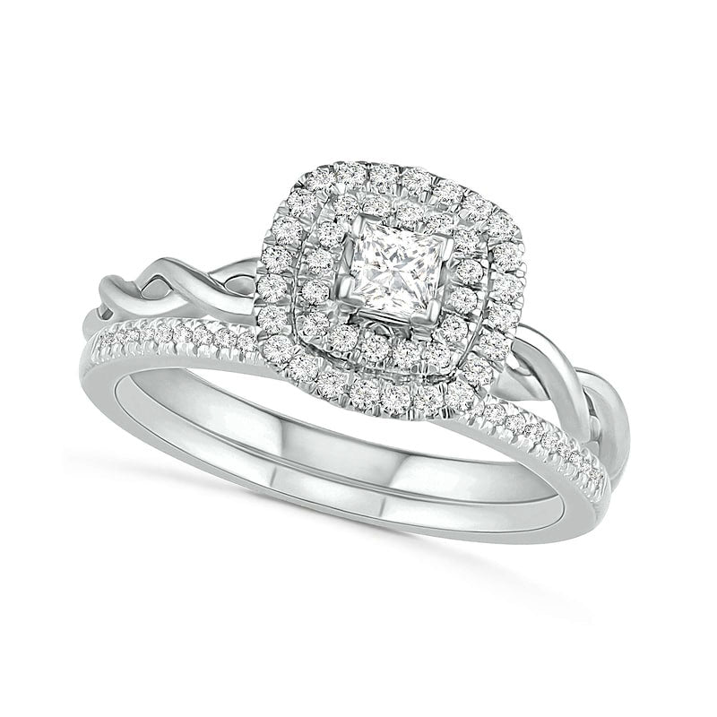 0.38 CT. T.W. Princess-Cut Natural Diamond Double Frame Twist Shank Bridal Engagement Ring Set in Solid 10K White Gold