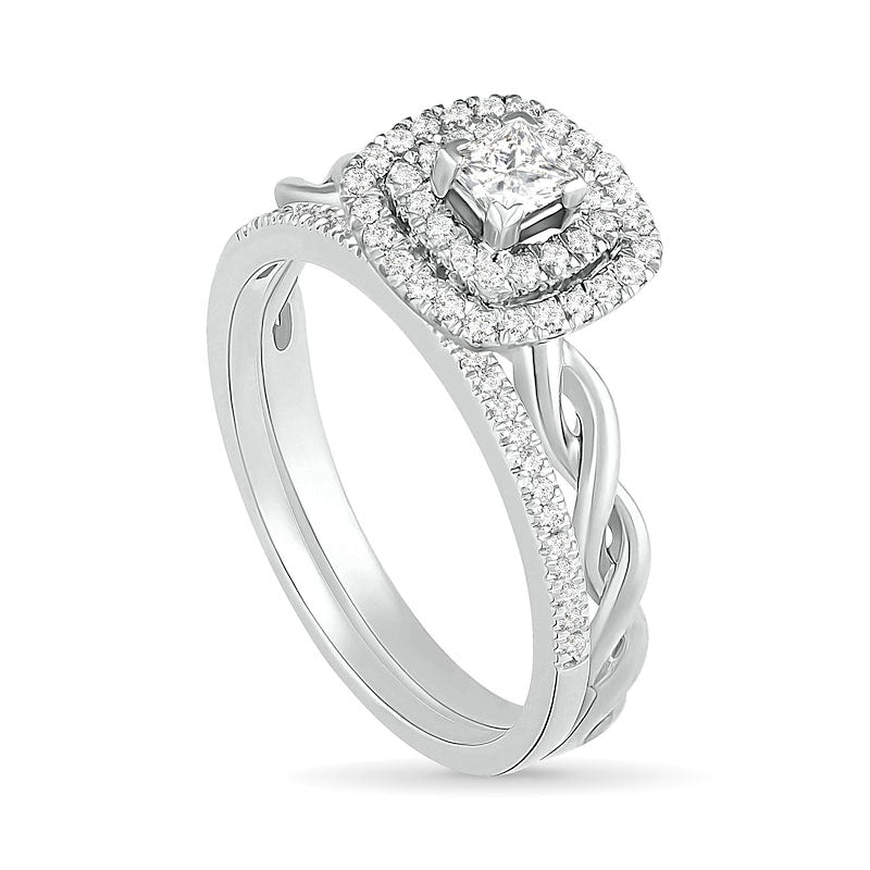 0.38 CT. T.W. Princess-Cut Natural Diamond Double Frame Twist Shank Bridal Engagement Ring Set in Solid 10K White Gold