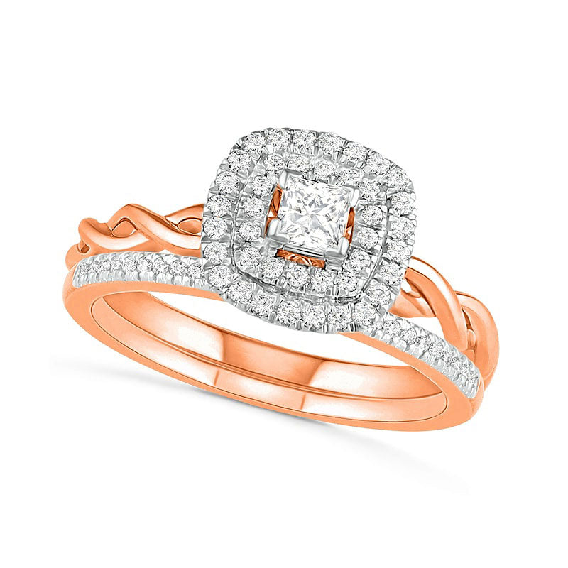 0.38 CT. T.W. Princess-Cut Natural Diamond Double Frame Twist Shank Bridal Engagement Ring Set in Solid 10K Rose Gold