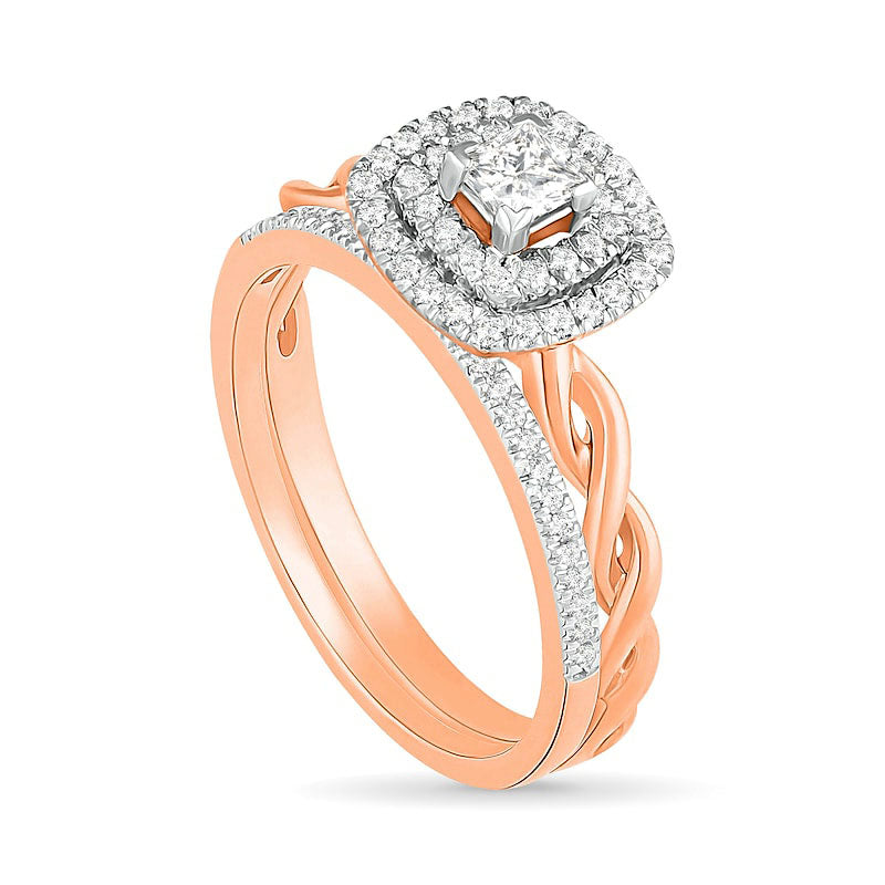 0.38 CT. T.W. Princess-Cut Natural Diamond Double Frame Twist Shank Bridal Engagement Ring Set in Solid 10K Rose Gold