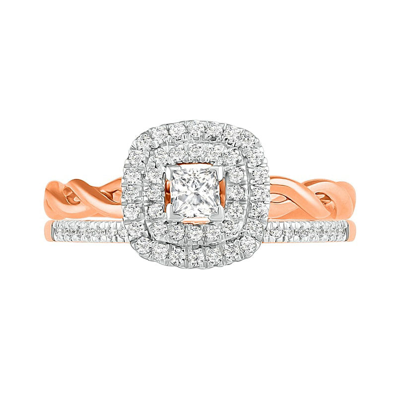 0.38 CT. T.W. Princess-Cut Natural Diamond Double Frame Twist Shank Bridal Engagement Ring Set in Solid 10K Rose Gold