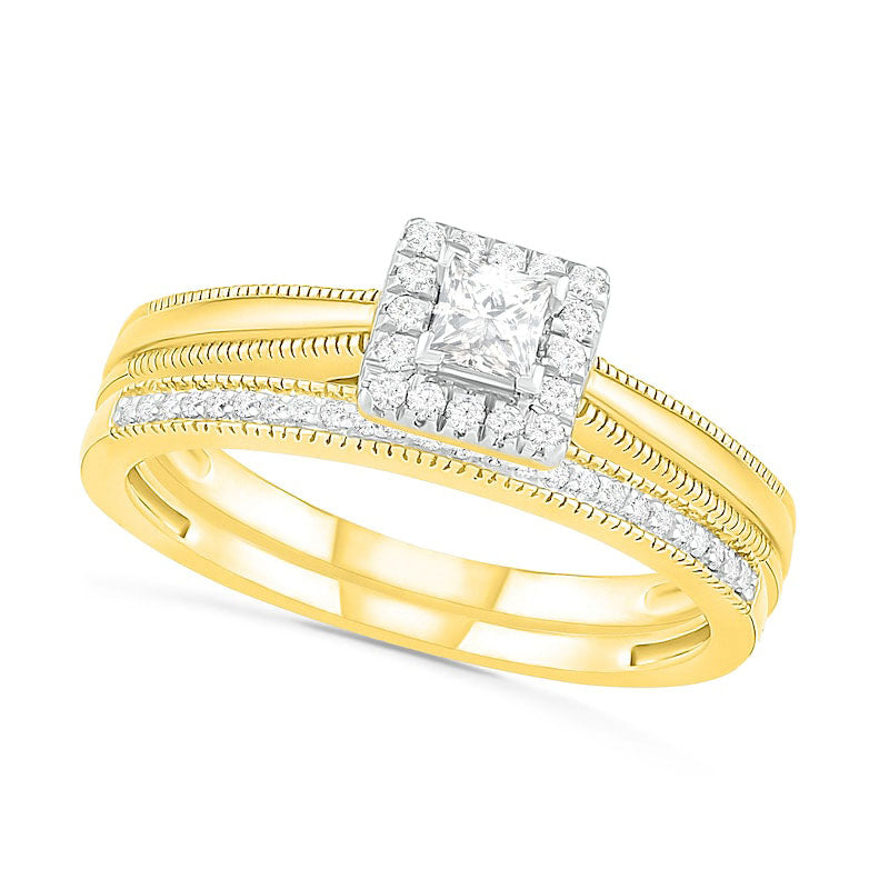 0.33 CT. T.W. Princess-Cut Natural Diamond Frame Antique Vintage-Style Bridal Engagement Ring Set in Solid 10K Yellow Gold