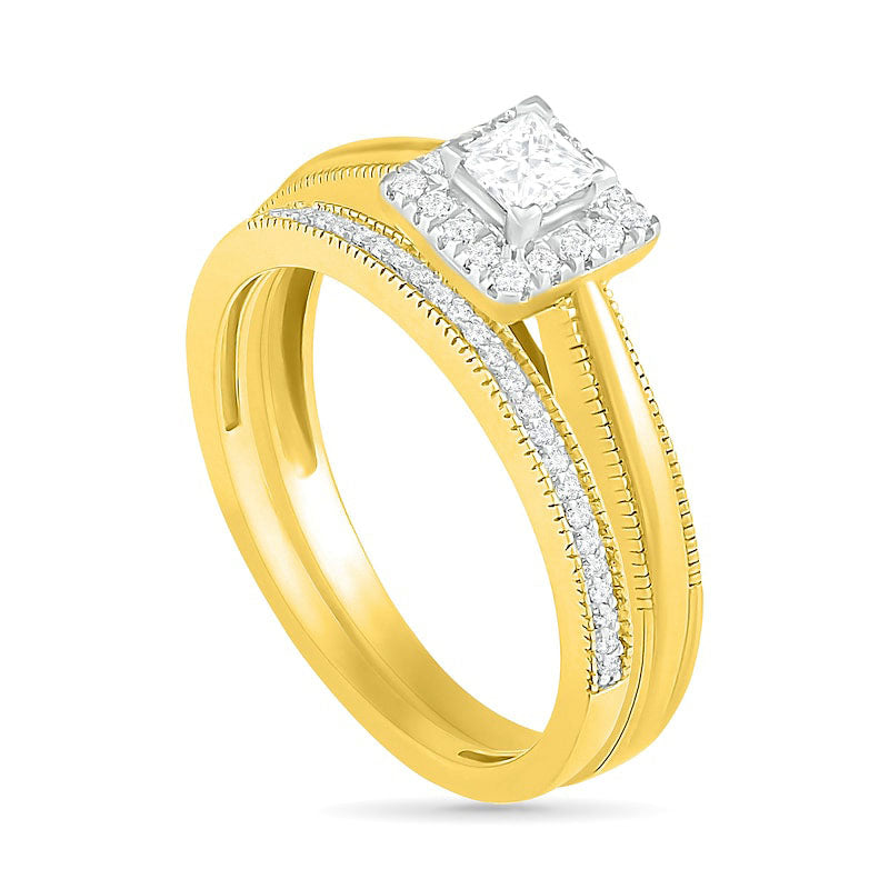 0.33 CT. T.W. Princess-Cut Natural Diamond Frame Antique Vintage-Style Bridal Engagement Ring Set in Solid 10K Yellow Gold