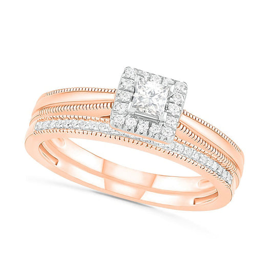 0.33 CT. T.W. Princess-Cut Natural Diamond Frame Antique Vintage-Style Bridal Engagement Ring Set in Solid 10K Rose Gold