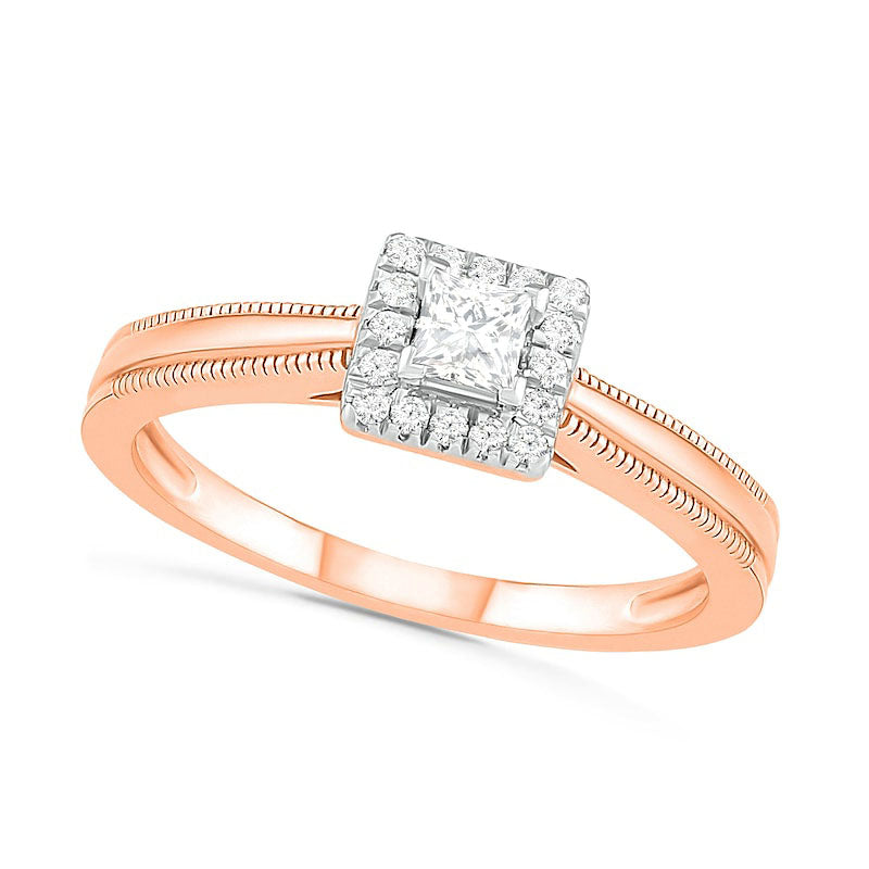 0.33 CT. T.W. Princess-Cut Natural Diamond Frame Antique Vintage-Style Bridal Engagement Ring Set in Solid 10K Rose Gold