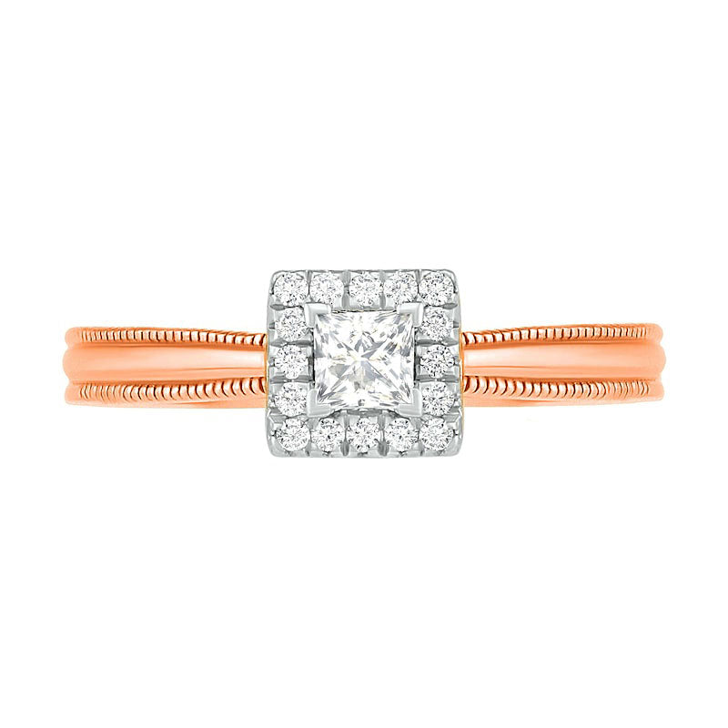 0.33 CT. T.W. Princess-Cut Natural Diamond Frame Antique Vintage-Style Bridal Engagement Ring Set in Solid 10K Rose Gold