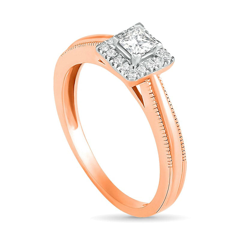 0.33 CT. T.W. Princess-Cut Natural Diamond Frame Antique Vintage-Style Bridal Engagement Ring Set in Solid 10K Rose Gold