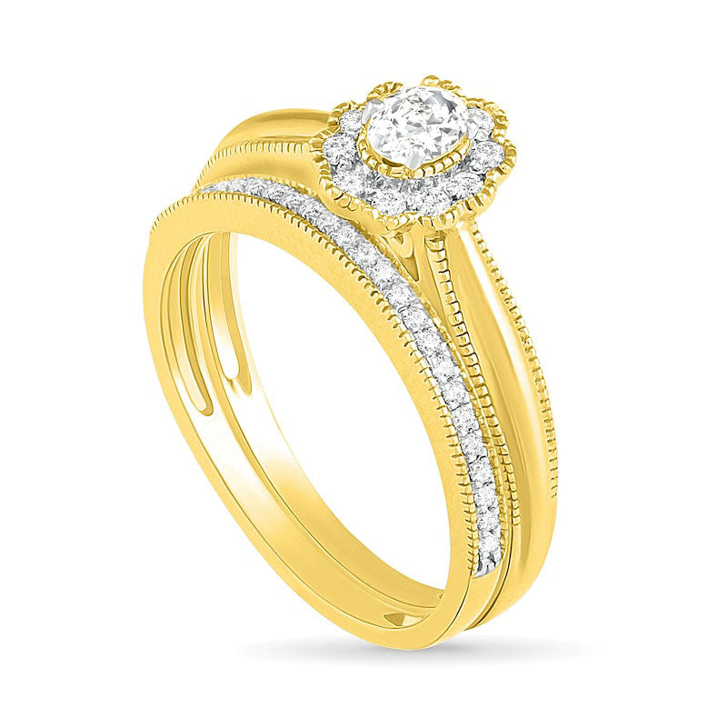 0.33 CT. T.W. Oval Natural Diamond Scallop Frame Antique Vintage-Style Bridal Engagement Ring Set in Solid 10K Yellow Gold