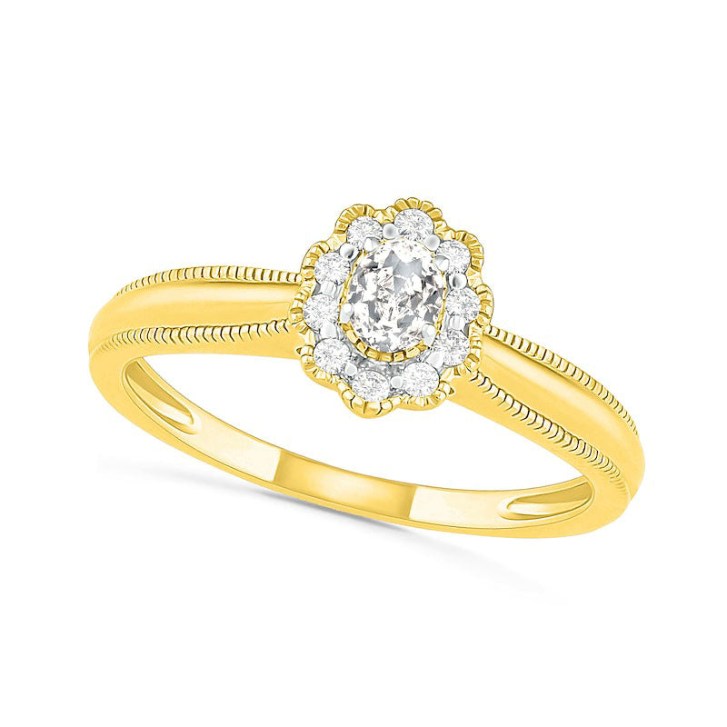 0.33 CT. T.W. Oval Natural Diamond Scallop Frame Antique Vintage-Style Bridal Engagement Ring Set in Solid 10K Yellow Gold