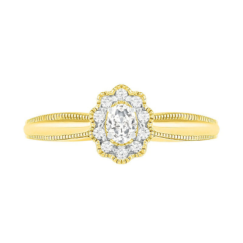 0.33 CT. T.W. Oval Natural Diamond Scallop Frame Antique Vintage-Style Bridal Engagement Ring Set in Solid 10K Yellow Gold