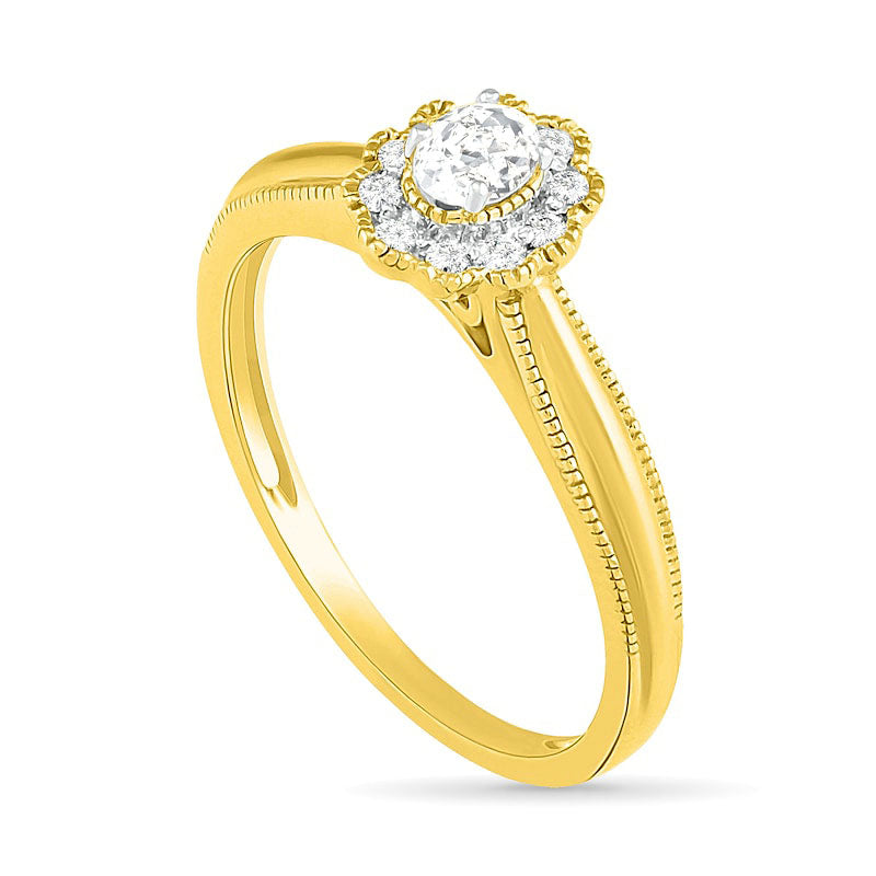 0.33 CT. T.W. Oval Natural Diamond Scallop Frame Antique Vintage-Style Bridal Engagement Ring Set in Solid 10K Yellow Gold