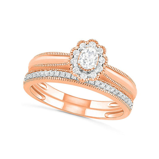 0.33 CT. T.W. Oval Natural Diamond Scallop Frame Antique Vintage-Style Bridal Engagement Ring Set in Solid 10K Rose Gold