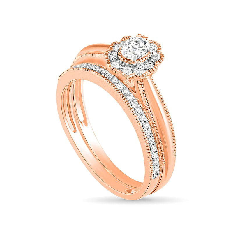 0.33 CT. T.W. Oval Natural Diamond Scallop Frame Antique Vintage-Style Bridal Engagement Ring Set in Solid 10K Rose Gold