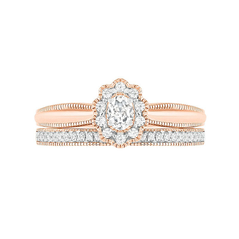 0.33 CT. T.W. Oval Natural Diamond Scallop Frame Antique Vintage-Style Bridal Engagement Ring Set in Solid 10K Rose Gold