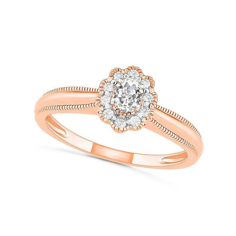 0.33 CT. T.W. Oval Natural Diamond Scallop Frame Antique Vintage-Style Bridal Engagement Ring Set in Solid 10K Rose Gold