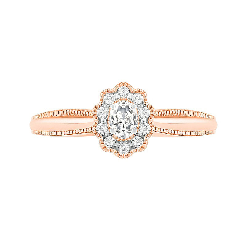 0.33 CT. T.W. Oval Natural Diamond Scallop Frame Antique Vintage-Style Bridal Engagement Ring Set in Solid 10K Rose Gold