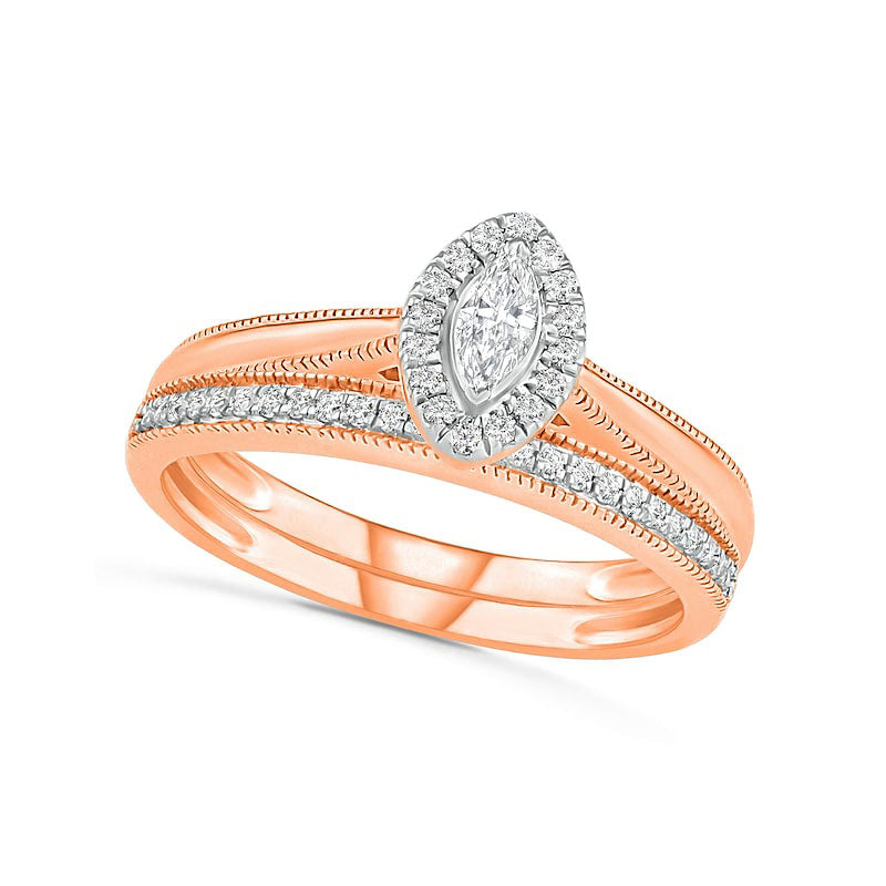 0.33 CT. T.W. Marquise Natural Diamond Frame Antique Vintage-Style Bridal Engagement Ring Set in Solid 10K Rose Gold