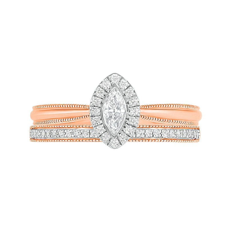 0.33 CT. T.W. Marquise Natural Diamond Frame Antique Vintage-Style Bridal Engagement Ring Set in Solid 10K Rose Gold