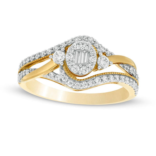 0.50 CT. T.W. Baguette and Round Natural Diamond Frame Bypass Ring in Solid 10K Yellow Gold