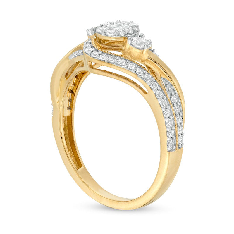 0.50 CT. T.W. Baguette and Round Natural Diamond Frame Bypass Ring in Solid 10K Yellow Gold