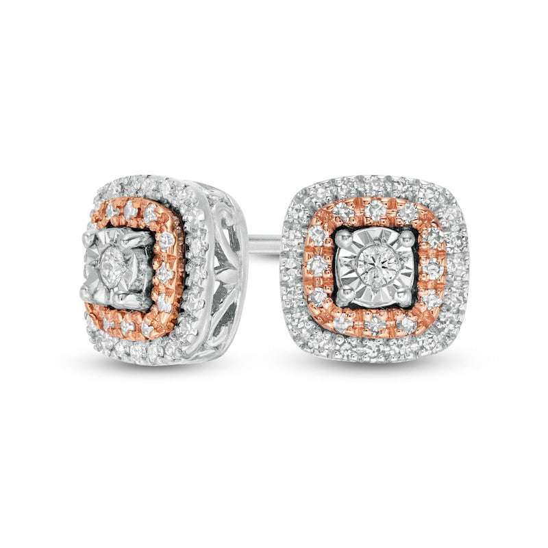 0.2 CT. T.W. Diamond Cushion Frame Stud Earrings in Sterling Silver and 10K Rose Gold